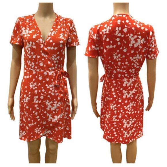 J. Crew Floral V-Neckline Short Sleeve Wrap Mini Dress Orange White Size 4/S - Picture 7 of 7
